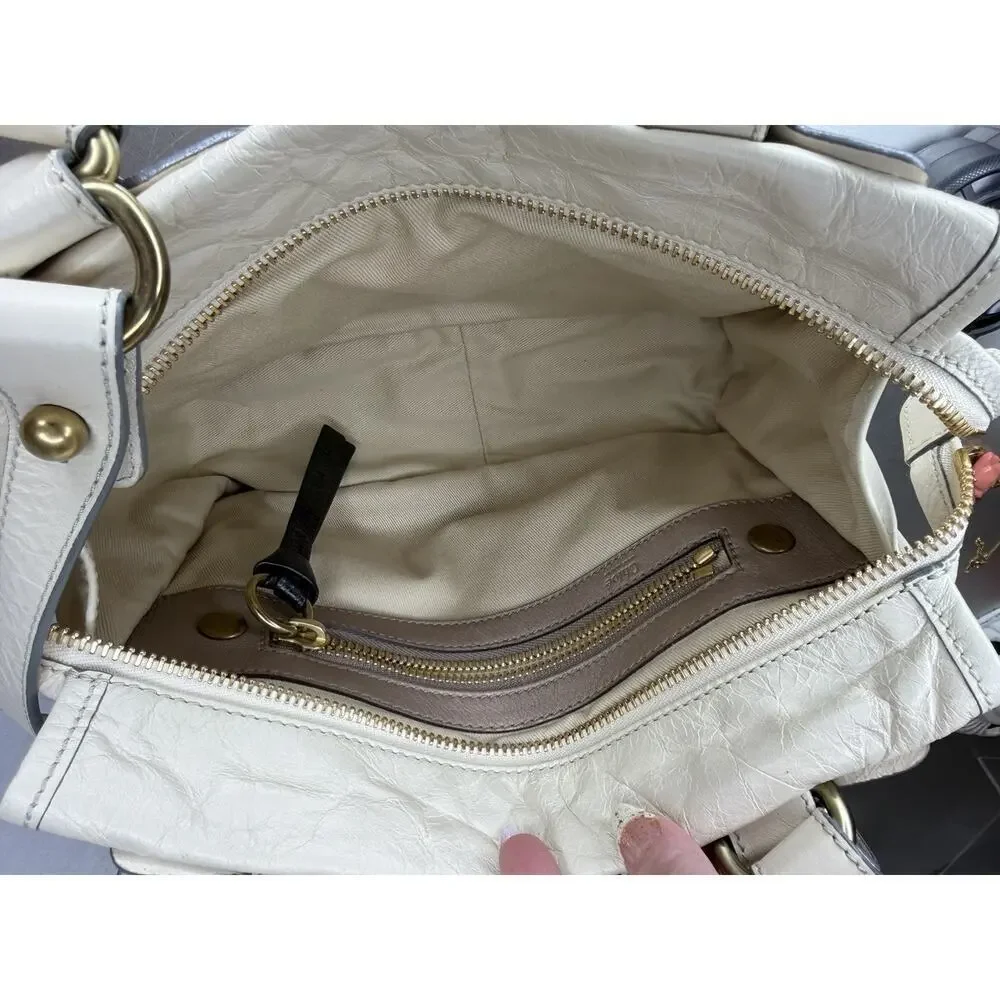 Chloé Bay Top Handle Shoulder Bag Cream Crinkle Leather Satchel Chunky Zip